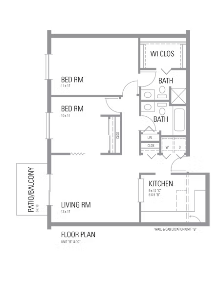 Layout drawing for Units B and C: a 2-bedroom, 2-bathroom apartment with each room's dimensions marked.