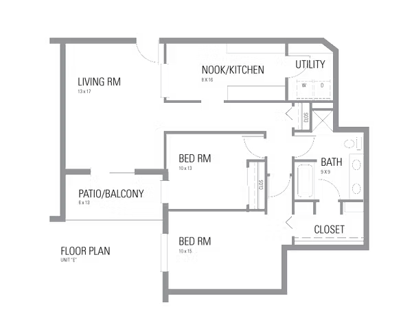 Layout drawing for Unit E: a 2-bedroom, 1-bathroom apartment with each room's dimensions marked.