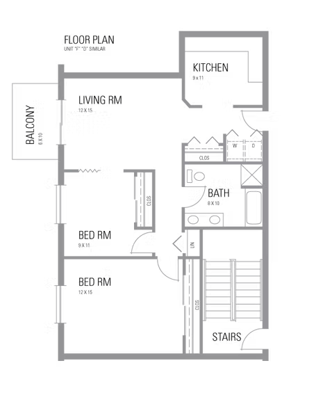 Layout drawing for Unit F — unit D similar: a 2-bedroom, 1-bathroom apartment with each room's dimensions marked.